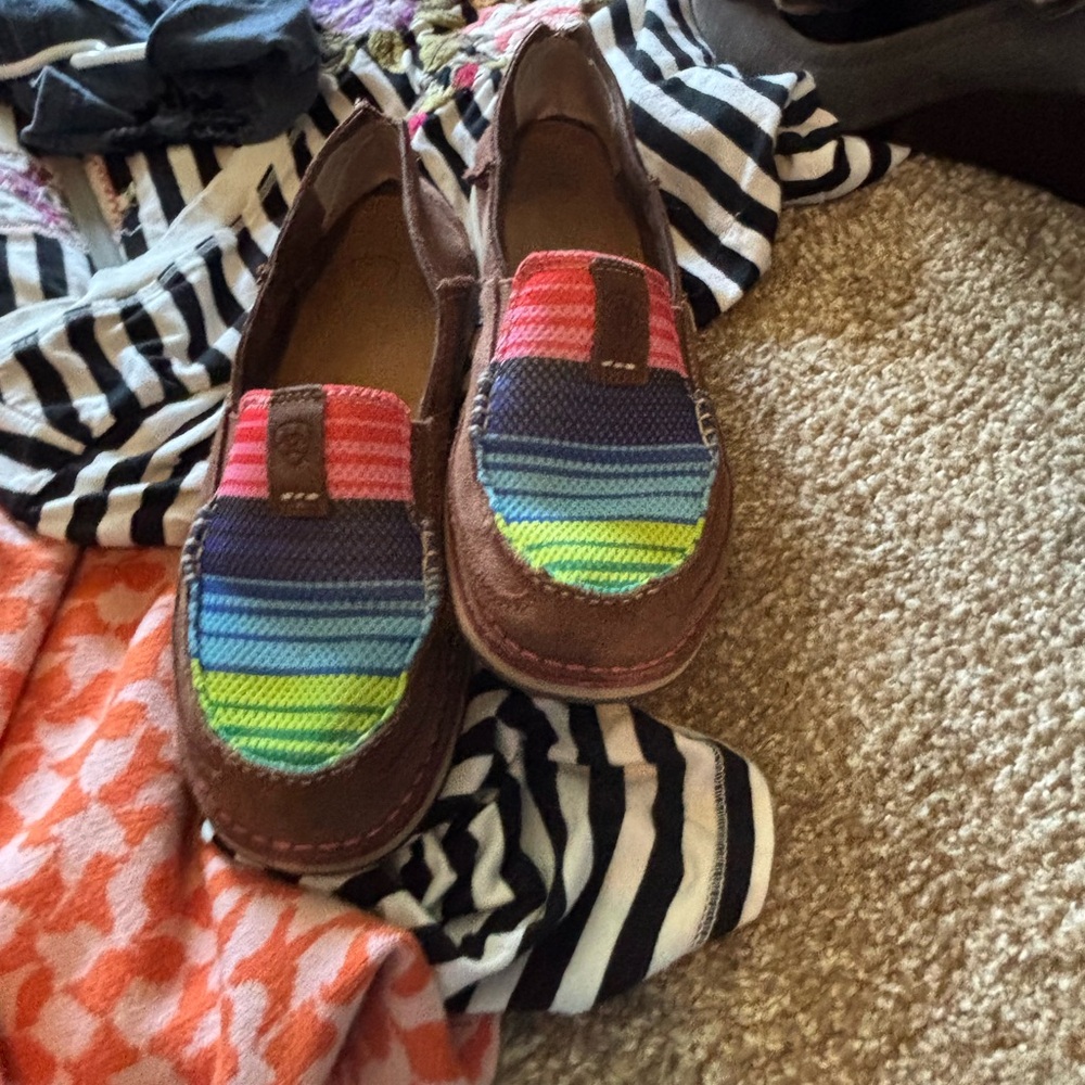 Ariat Brown Slip-On Loafers with Multicolor Striped Canvas